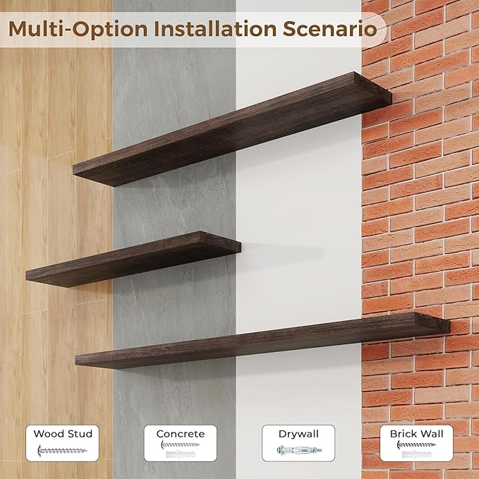 Axeman Floating Shelves for Wall - 40''W x 8'' D Rustic Solid Elm Wood Shelves for Storage, Wall Mounted Display Shelving with Invisible Heavy-Duty Metal Bracket (Walnut, 2PCs)
