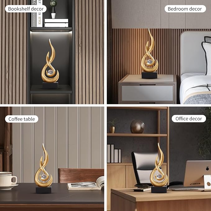 Octdays Gold Abstract Statue Sculpture Decorations, 11.61" H Modern Sculptures Home Décor Accents, Resin Art Flame Figurines for Living Room Table Centerpiece Office Desk TV Stand Decor