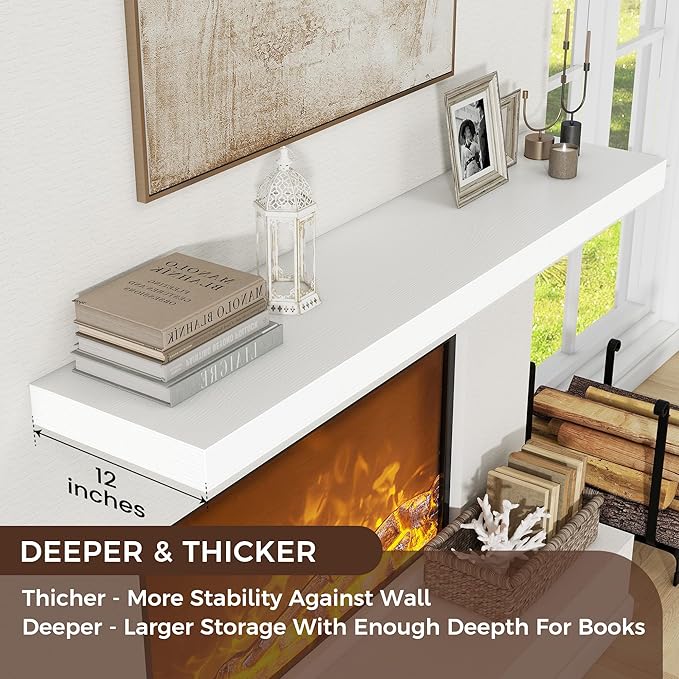 Floating Shelves for Wall, 55 Inch Wide x 12 Inch Deep Floating Shelves, Long Wood Floating Wall Shelf Shelves for Living Room Bathroom Bedroom Kitchen Home - (White, 55" W x 12" D x 2" H)