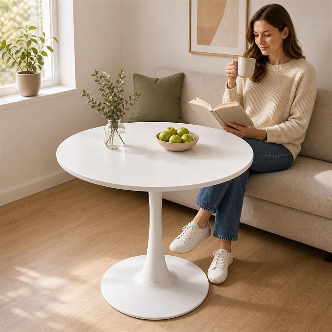 Modern 31.5" Round Tulip Dining Table White Pedestal Table for 2–4 Small Kitchen Table Apartment Breakfast Nook Mid Century Style Compact Dining Room(No Chairs)