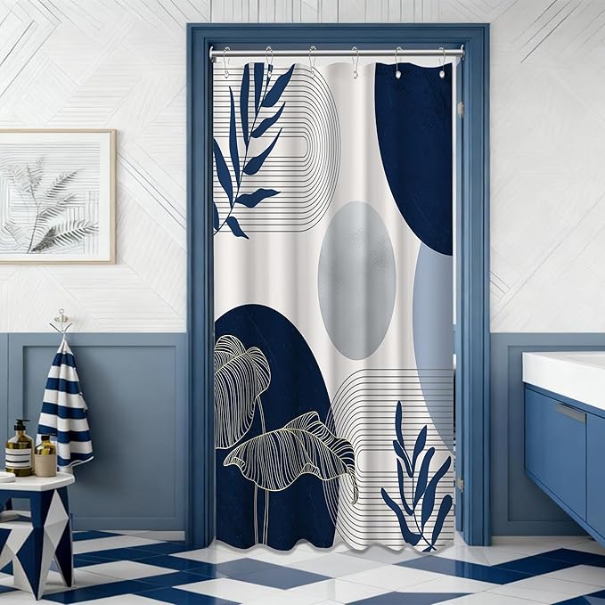 Navy Blue and White Shower Curtain Mid Century Modern Dark Blue Boho Shower Curtains for Bathroom Decor MCM Mens Cool Bath Curtain Set, Waterproof Fabric with Hooks 36 x 72 Inch