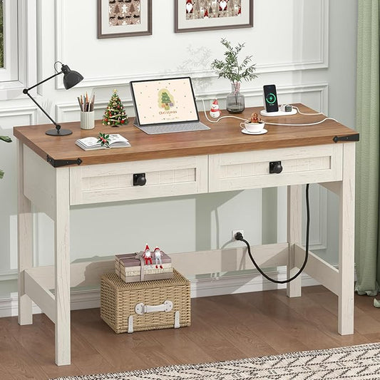 Farmhouse Computer Desk with 2 Drawers, 39 Inch Small Office Computer Desk with Power Outlets, Compact Writing Study Desk for Small Spaces, Antique White