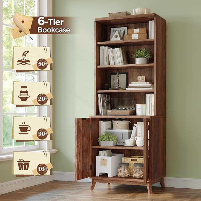 DurayLoly 6-Tier Bookshelf, Modern Bookcase with Fluted Doors & Adjustable Shelves, Mid-Century Cabinet, Wooden Book Shelf for Home Office, Living Room, Kitchen, Walnut