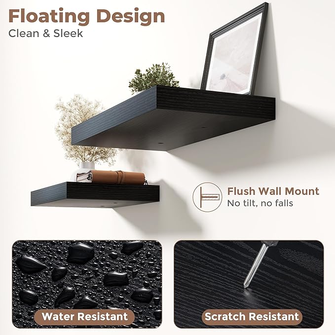 16 Inch Floating Shelves for Wall Set of 2, 12"D Wood Grain Bathroom Shelves with Invisible Brackets, Easy Install Engineered Wood Storage Shelves for Kitchen, Living Room, Bedroom, Black Finish