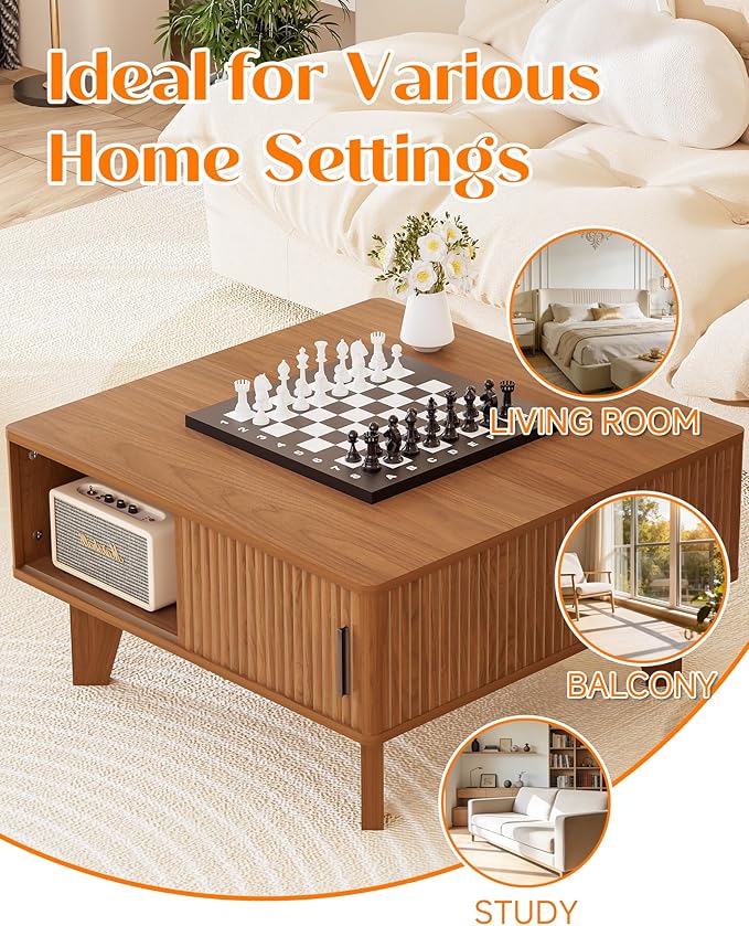 Lift Top Coffee Table with Storage, 29.7" Small Square Coffee Table for Living Room, Mid Century Modern Fluted Wood Center Table with Sliding Tambour Door, Walnut