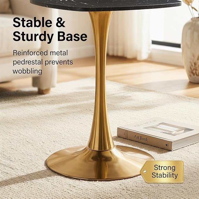 24 Inch Square Tulip Bistro Table for 2-4, Small Dining Table with Gold Metal Pedestal Base, Black Faux Marble Top Kitchen Table, Modern Square Cafe Table for Apartment Living Room Office Small Space