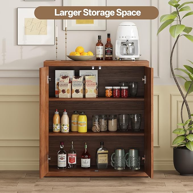 31” Sideboard Cabinet with Storage, Fluted Accent Cabinet with Adjustable Shelves, Modern Wood Credenza Cabinets with Pop-up Doors for Entryway Kitchen Living Room Hallway, Walnut