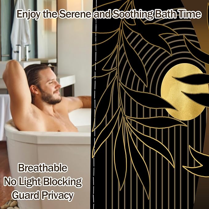 Black and Gold Boho Shower Curtain, Mid Century Modern Shower Curtains for Bathroom, Mens Bath Curtain Set, Waterproof Fabric with Hooks, 70" W x 72" L (Pack of 1)