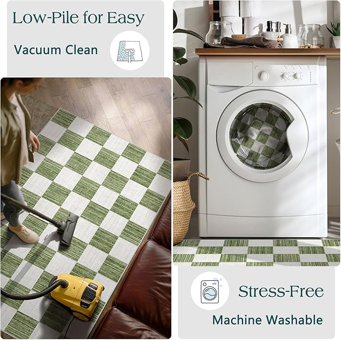 Front Door Mat Outside Entrance - 2x3 Green White Non-Slip Washable Doormat Indoor Outdoor Mat Entry Rug Geometric Checkered Small Layered Area Rug for Entryway Kitchen Front Porch Decor