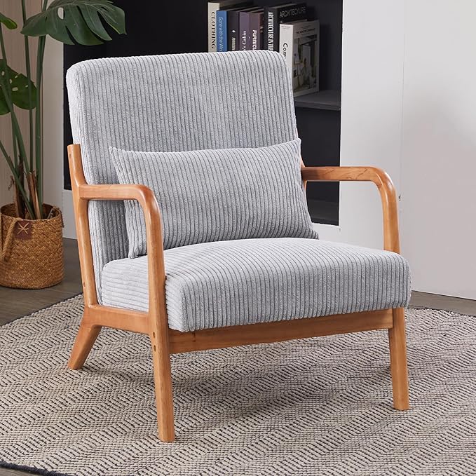 Accent Chairs, Mid-Century Modern Chair with Pillow, Armchair with Solid Wood, Reading Relaxing Leisure Chair for Living Room (Light Grey)