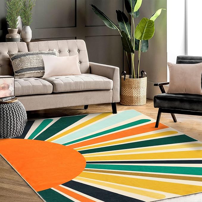Garvee Sun Rug for Living Room, 4x6 Area Rugs Washable Non Slip Bedroom Carpet Ultra Thin Cute Soft Kids Nursery Rug, Rainbow Sun Print Non-Shedding Indoor Rugs for Entryway, Colorful Yellow Green