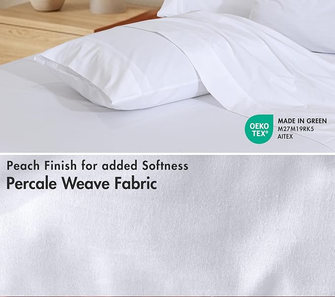 RUVANTI 100% Cotton Percale Sheets Split King Size 7 Piece Set, Cooling Bed Sheets for Hot Sleepers, Deep Pocket 16”, Breathable Lightweight & Durable, Crisp Hotel Style Sheets, Bright White