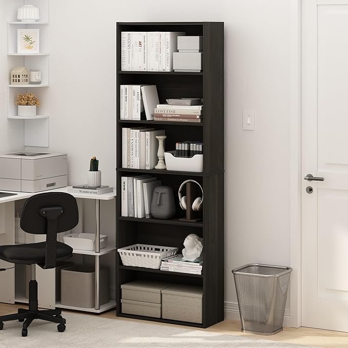 Furinno Jaya Book Shelf Set of 2, 6-Tier Bookshelf, Bookcase, 9.5 x 24.6 x 71, for Home Office, Living Room, Espresso