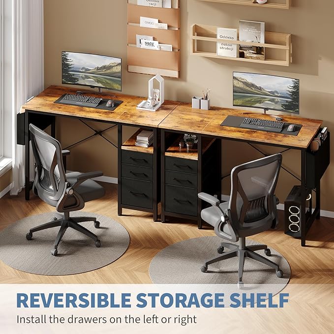 DUMOS 39" Computer Desk with Storage, Small Home Office Desk with 3 Fabric Drawers & Side Pocket, Space Saving Writing Desk for Apartment, Dorm, Gaming Workstation, Rustic Brown