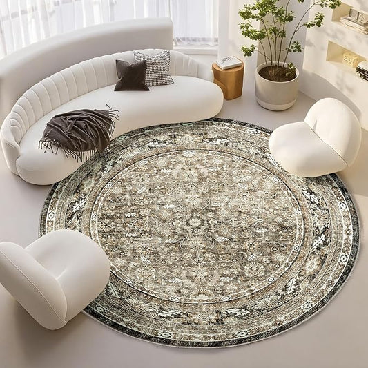 OPPODREAM Vintage Brown Round Rug 8ft, 8 ft Retro Washable Circle Rug Non Slip, Low-Pile Faux Wool Circular Carpet, Distressed Floor Mat for Living Room, Bedroom, Office, Dorm, Dinning Room