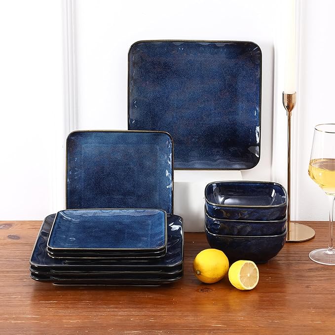 vicrays Ceramic Square 12 Pieces Dinnerware Set - Dinner Plates Salad Plates Cereal Bowls Set Service for 4 - Scratch Resistant Microwave Oven Dishwasher Safe - Blue