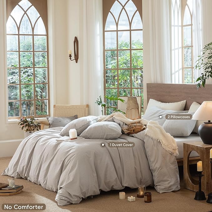 MooMee Wavy Striped Duvet Cover Set 100% Washed Cotton Linen Like Textured Breathable Durable Soft Comfy (Light Grey, Palatial King/Oversized King 120"x98")