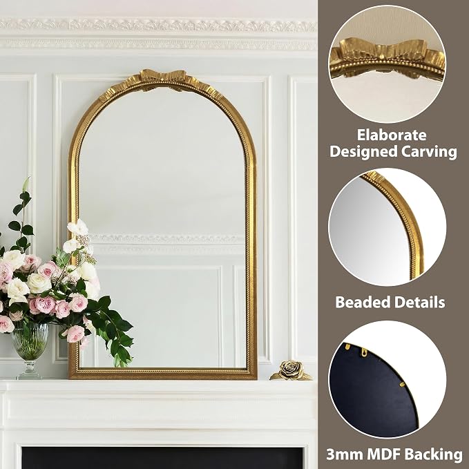 Vintage Gold Bow Arched Mirror 24"x39" - Large Elegant French Ribbon & Beaded Metal Frame Wall Mirror - Antique Baroque Decor Wall Mirror for Bedroom Dresser, Bathroom, Living Room