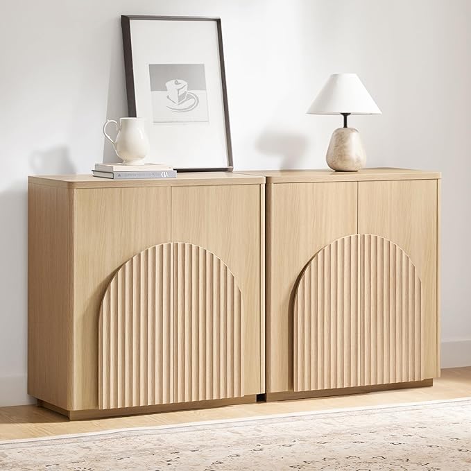 CHITA Sideboard Buffet Cabinet with Storage, Small Storage Cabinet with Doors and Shelves for Living Room Accent, Bar, Kitchen, Set of 2, Oak