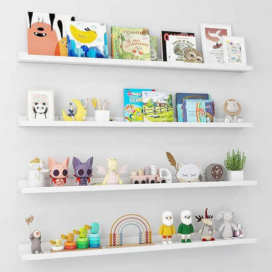 Axeman Picture Ledge Shelf | 48 Inch White Floating Shelves Set of 4 | Rustic Wood Wall Shelves with Lip | 48" White Picture Shelves for Wall with Ledge | Photo Shelves