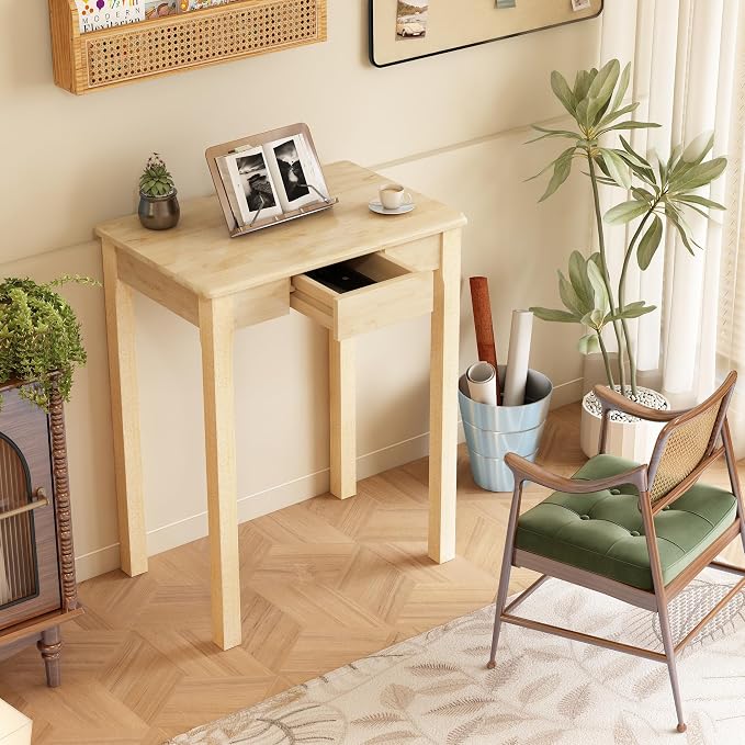 Solid Wood Desk with Drawers - 24 x 16 Inch Simple Narrow Desks, Rubber Wood Study Table, Small Writing Desk for Small Spaces|Bedroom - Natural Boho Desks