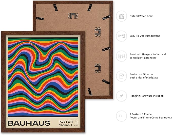 Poster Master Bauhaus Poster - Psychedelic Waves Print - Abstract ART - Rainbow ART - Groovy Style - Chic Boho - Mid Century Modern - Living Room or Bedroom Wall Decor - 16x20 Brown Framed