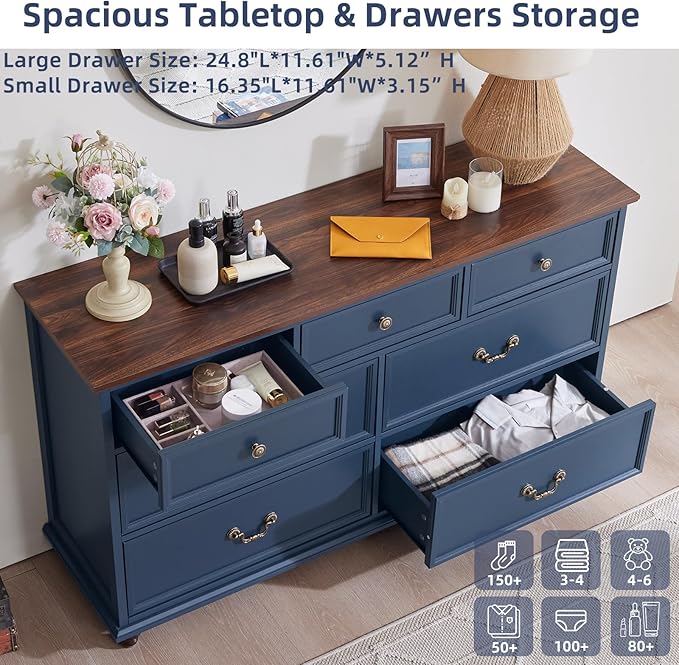 Farmhouse 7 Drawers Dresser Sets of 2 for Bedroom, Navy Blue 54 Inch Wide Chest of Drawers w/ 4 Wooden Legs, Large Vintage Rustic Closet Dressers for Living Room, Wood TV Stand