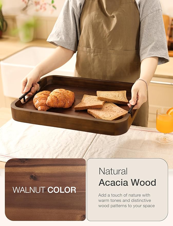 Ottoman Tray for Living Room – 17"x13" Rectangle Serving Tray with Handles – Acacia Wooden Tray for Coffee Table, Living Room, Breakfast in Bed – Decorative Trays for Ottoman (Walnut Color)