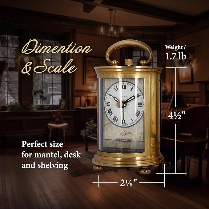 JUSTIME Solid Brass Parisian Carrige Antique Collectible Analog Table Desk Alarm Clock for Gift, Home Decor, Battery Operated (Large)