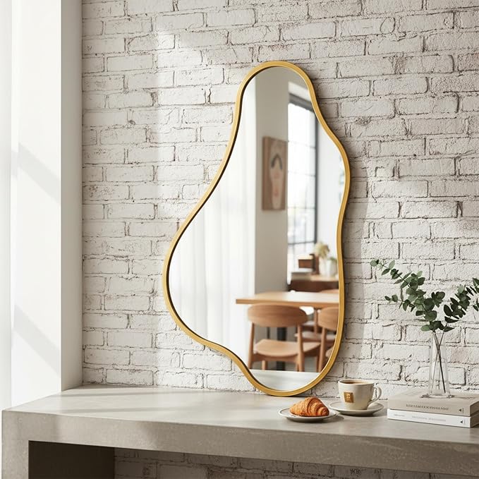 ZIYOO 32x18 Inch Irregular Wall Mirror, Vertical Wavy Design, Gold Asymmetrical Metal Frame Decorative Mirror for Living Room, Bedroom, Entryway, Hallway (Gold Metal,32" x 18")