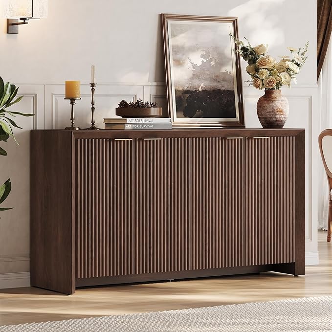 ONBRILL Fluted Sideboard Buffet Cabinet with Storage, Wooden Modern Fluted Sideboard with 4 Doors and 5 Adjustable Shelves, Coffee Bar Table for Dining Room, Hallway, Kitchen (Dark Walnut)