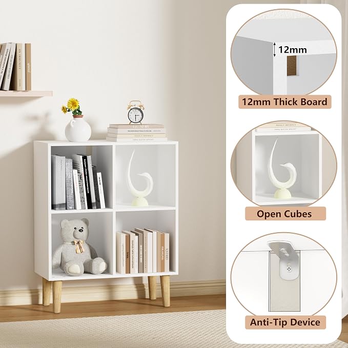 4 Cube Bookcase, Wooden Book Shelf Cube Storage Organizer with Legs, 2 Tier Bookshelf Freestanding Open Shelves for Living Room, Bedroom, Home Office (White, 4 Cube)