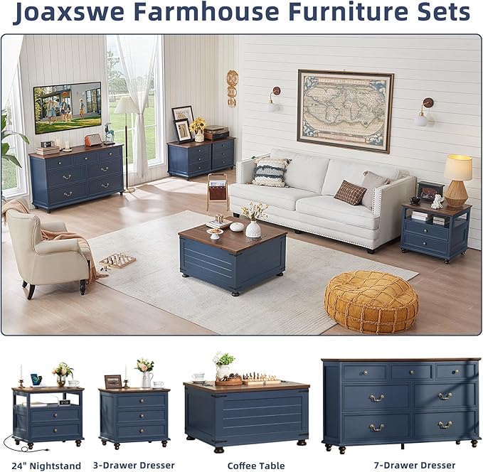 Farmhouse 7 Drawers Dresser Sets of 2 for Bedroom, Navy Blue 54 Inch Wide Chest of Drawers w/ 4 Wooden Legs, Large Vintage Rustic Closet Dressers for Living Room, Wood TV Stand