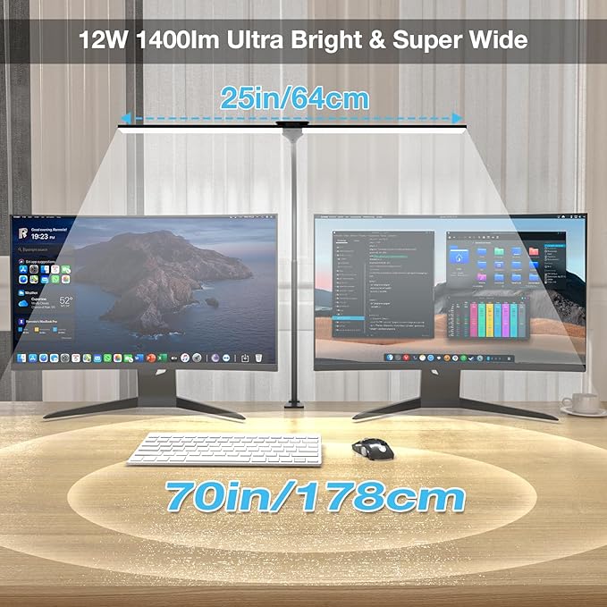 Desk Lamp for Home Office, Double Head Desk Light with Clamp, Dimmable 5 Color Modes Task Lighting, Eye-Caring Architect Table Lamp for Workbench, Dual Monitor, Study, 1400lm