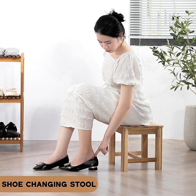 12 Inch Wooden Light Natural Step Stool, Small Nature Beach Chair Under Desk, Indoor Acacia Wood Short Footstool for Living Room, Kitchen, Bathroom