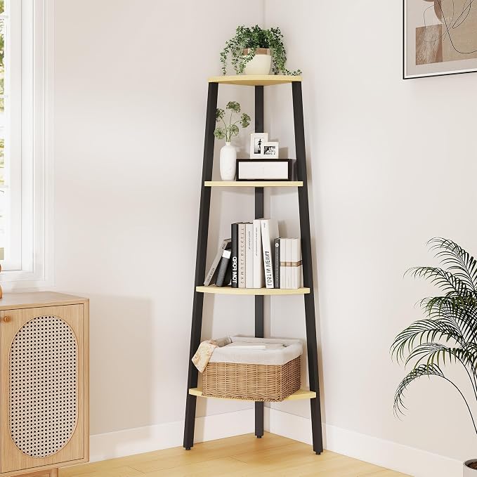Corner Shelf, 4 Tier Ladder Corner Bookshelf, Display and Bookshelf Stand Unit, Anti Tip Feature, Space Saving, Ideal for Plants, Books, Living Room, Bedroom, Natural Oak