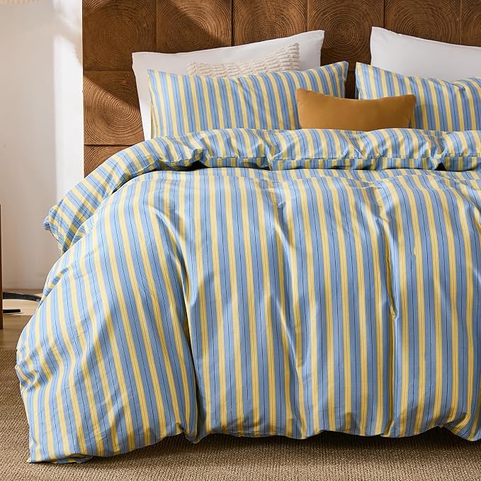 Merryword 100% Cotton Duvet Cover Set Queen Size, Blue & Yellow Striped Bedding Set with Zipper Closure and 8 Corner Ties, Modern Coastal Style Comforter Cover Set 3 Pieces