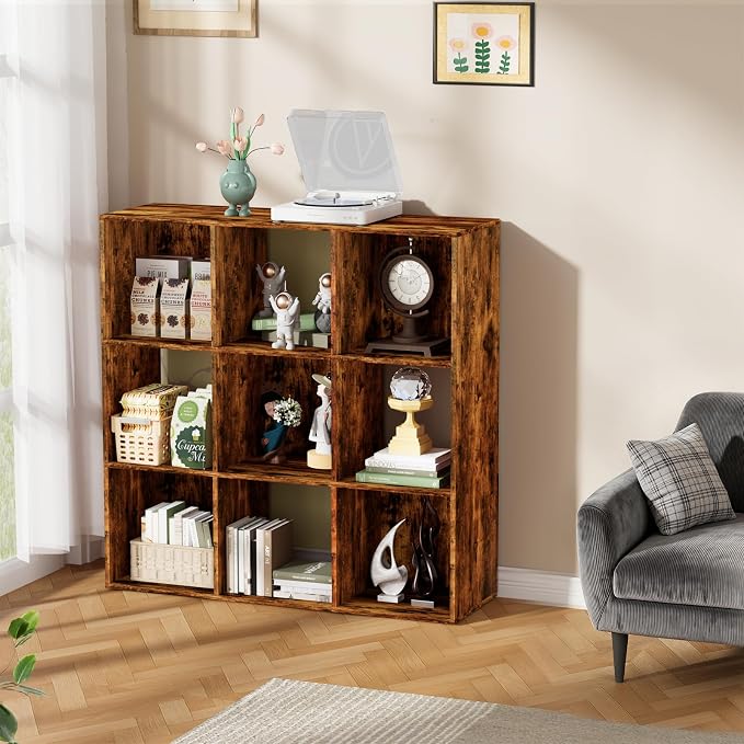 9 Cube Storage Organizer, Free Standing Display Shelf with Open Cubes, Floor Standing Book Shelf Bookcase with Storage for Home Office, Living Room, Bed Room (Vintage Brown, 9-Cube)