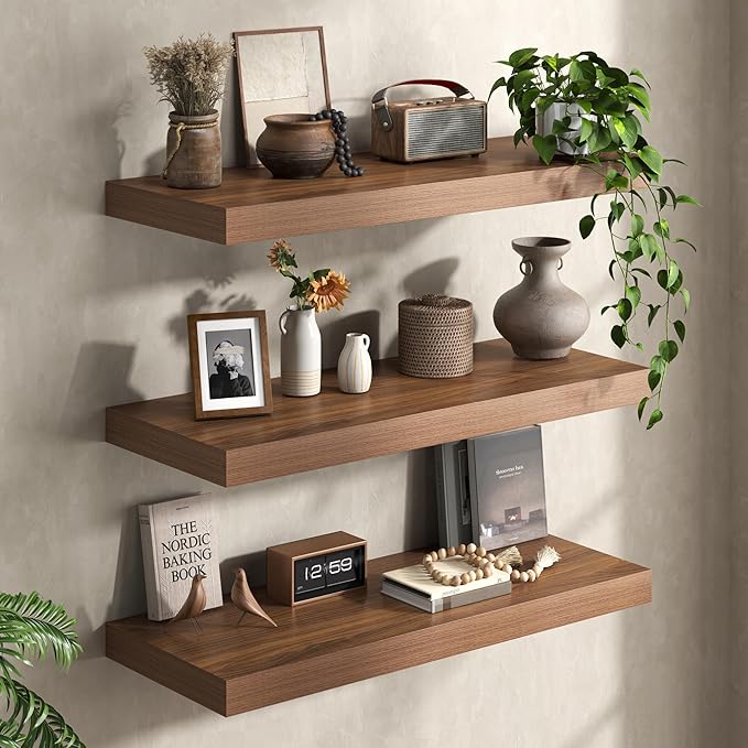 Walnut Floating Shelves 48Inch Long, 12 Inch Deep Floating Shelves for Wall, 48 x 12 Large Floating Shelf for Fireplace Mantel, 2" Thicked Rustic Wall Shelves for Living Room, Bedroom Storage, 2 Packs