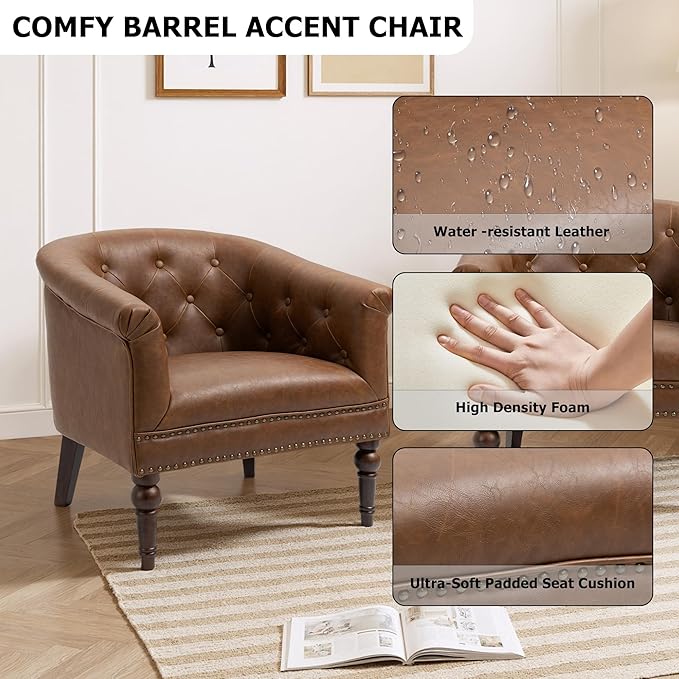 Lumibee Faux Leather Barrel Chair, Upholstered Accent Chair for Living Room, Modern Comfy Club Armchair for Office, Bedroom, Waiting Room-Brown