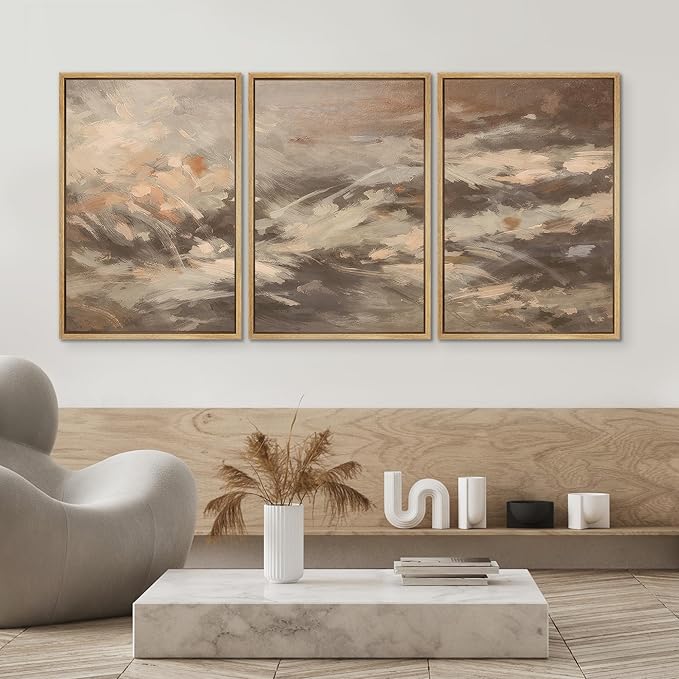 SIGNWIN Framed Canvas Print Wall Art Set Warm Earth Tone Brushstroke Abstract Illustrations Modern Art Decorative Boho Relax/Zen Nordic for Living Room, Bedroom, Office - 16"x24"x3 Natural