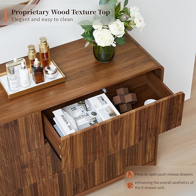 BERRYMERRY Fluted 6 Drawers Dresser for Bedroom, 53" Wide Chest of Drawer with Rounded Edge,Mid Century Modern Large Double Wood Dresser for Living Room Bedroom