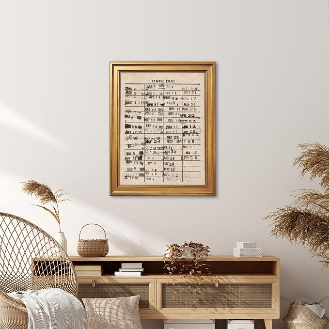 Framed Vintage Library Date Due Wall Art Retro Book Stamp Poster Reading Nook Art Print Nostalgic Booklish Canvas Painting Literary Card Wall Hanging Aesthetic Home Decor 24x36inch
