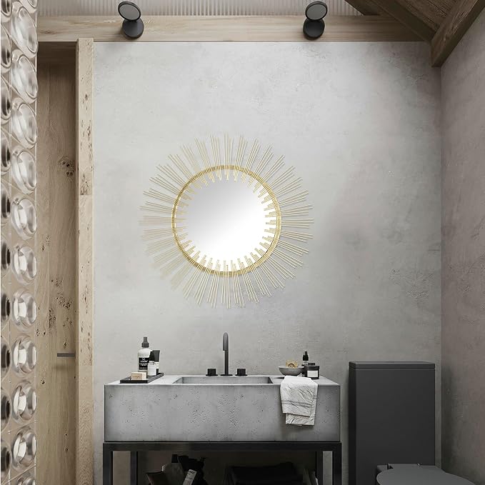 Edvivi Round 31" Antique Gold Sunburst Hanging Wall Mirror with Metal Frame, Decorative Mirror for the Living Room, Bedroom, Bathroom, Hallway, and Entryway