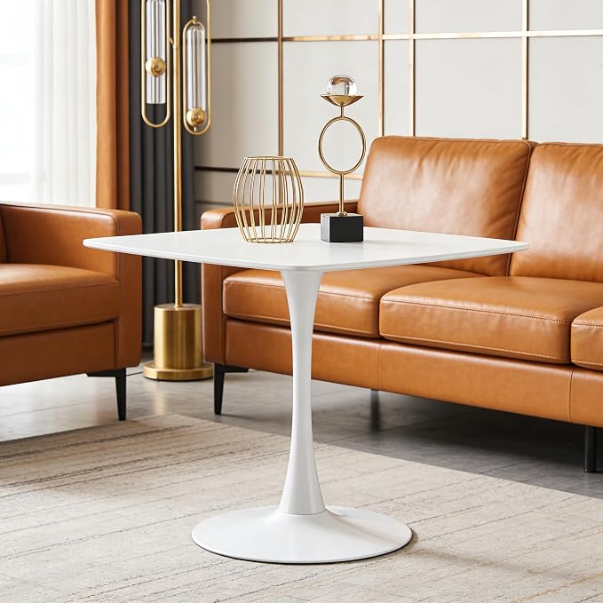 41.12" White Tulip Table, Square Dining Table for 4 with Metal Pedestal Base, Mid Century Modern Bistro Table for Kitchen, Small Space & Cafe