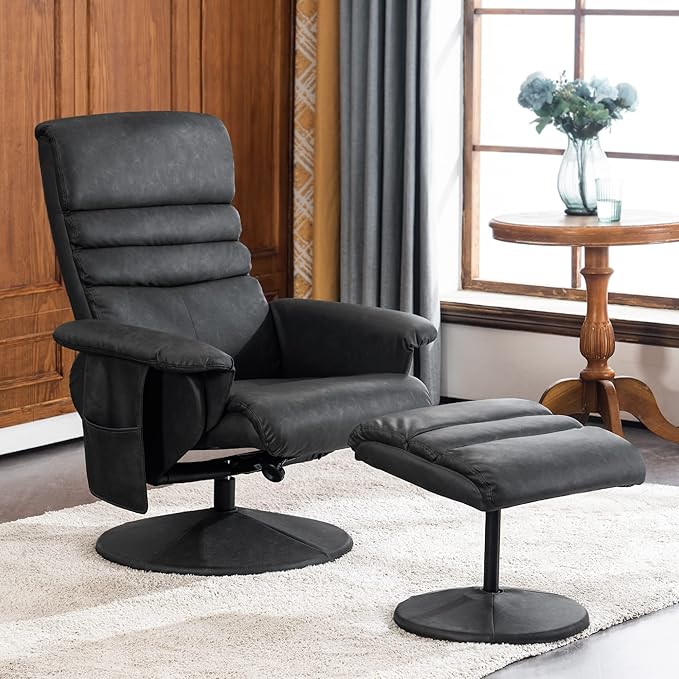MCombo Recliner with Ottoman, Reclining Chair with Massage, 360 Swivel Living Room Chair Faux Leather, 7902 (Dark Grey)