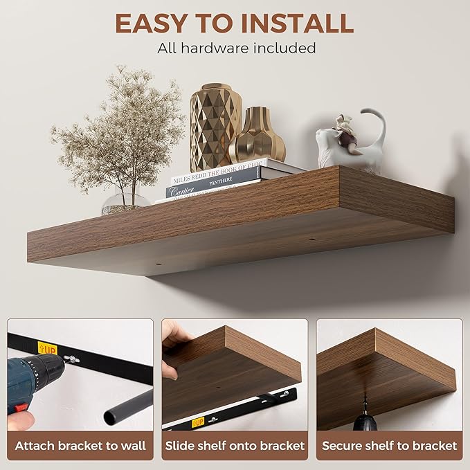 Dreamland 40 Inch Floating Shelves for Wall,8 Inch Deep Floating Shelves,40" W x 8" D Wall Shelves for Bedroom,Living Room, Kitchen,Bathroom,Walnut,Set of 2