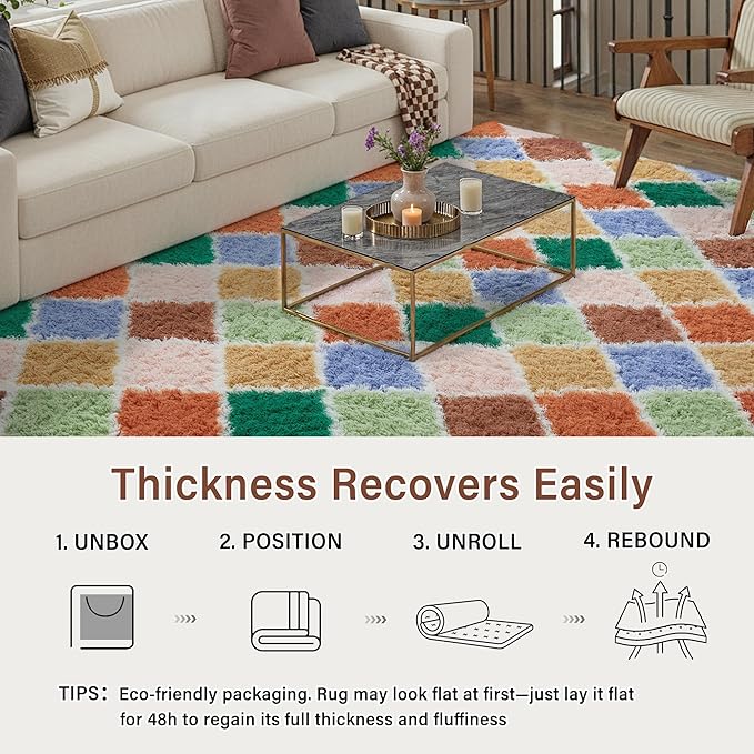 4x6 Checkered Rug for Living Room Colorful Modern Soft Area Rug Fluffy Non-Slip Carpet for Bedroom Playroom Home Aesthetic Decor