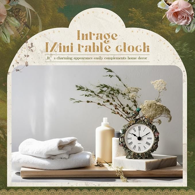 Kenning Vintage Mini Table Clock, 3.5 Inch Small Decorative Metal Non Ticking Analog Quartz Battery Operated Table Top Clock for Living Room Bedroom Bedside Desk Decor(Bird)