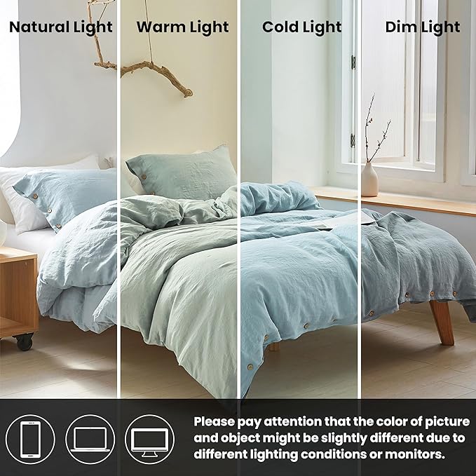 Simple&Opulence 100% Linen Duvet Cover Set 3pcs with Coconut Button Closure Natural French Washed Flax Solid Color Soft Breathable Farmhouse Bedding - Dusty Blue, King Size
